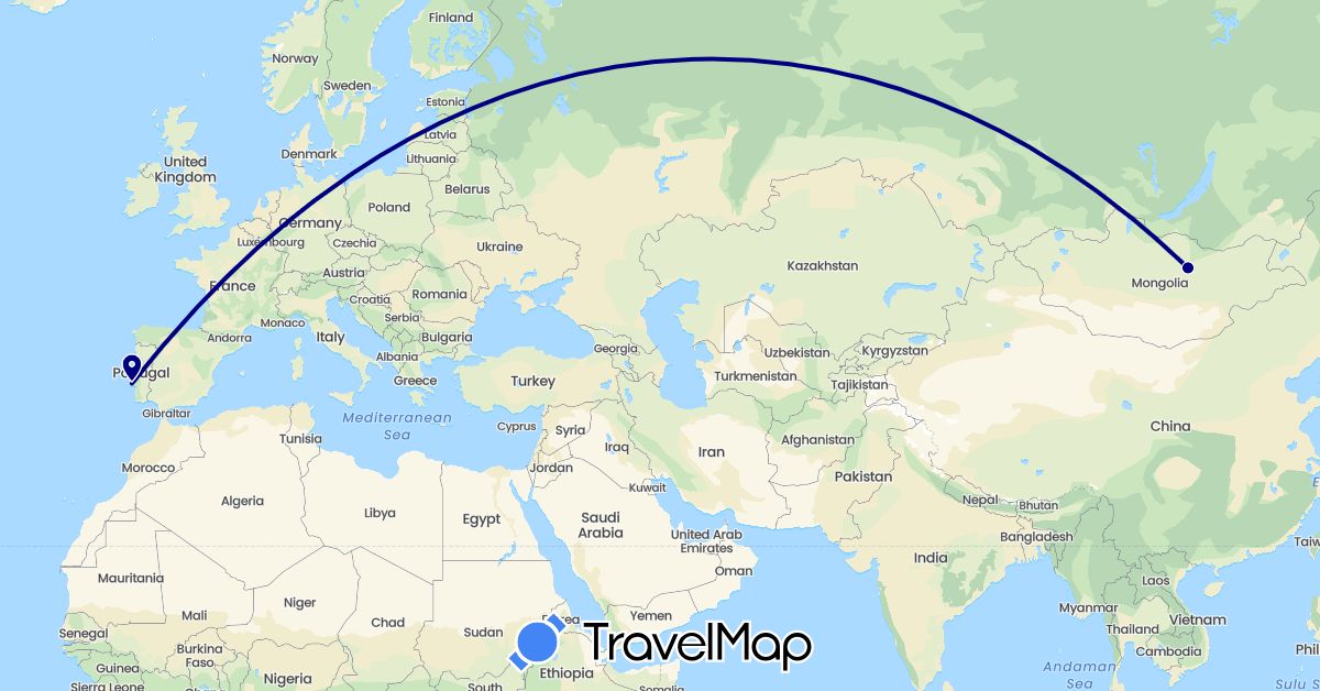TravelMap itinerary: driving in Mongolia, Portugal (Asia, Europe)